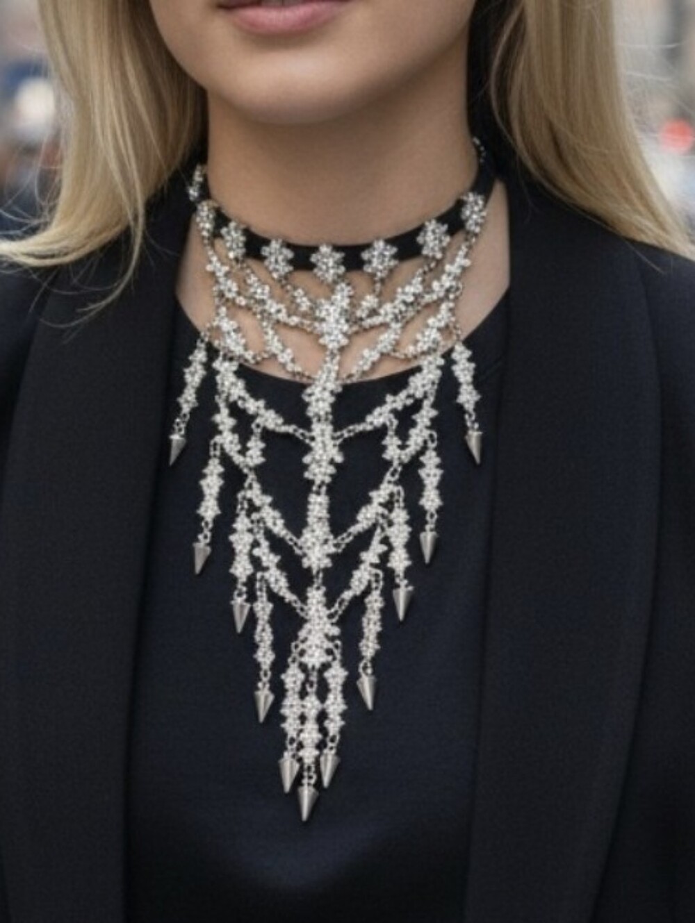 Silver Crystal Statement Choker Necklace - Elegant Layered Fringe NWT